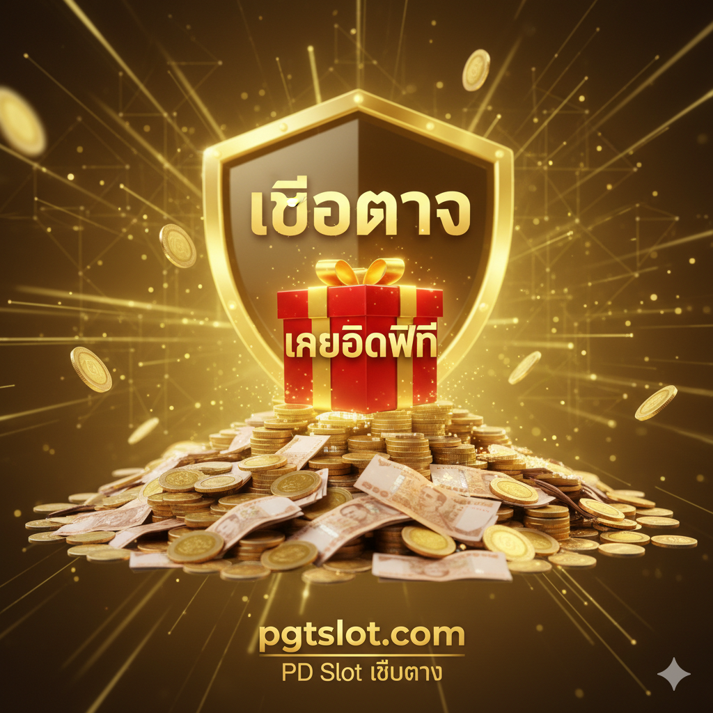 优势图片聚焦于'เครดิตฟรี'(Free Credit)และ'เว็บตรง'(Web Direct)的优点。画面构图为财富和价值的象征。前景是一个堆叠如山の泰铢硬币และ钞票,上面放着一个红色的礼盒或奖杯,带有'100% Bonus'หรือ'เครดิตฟรี'的标签。