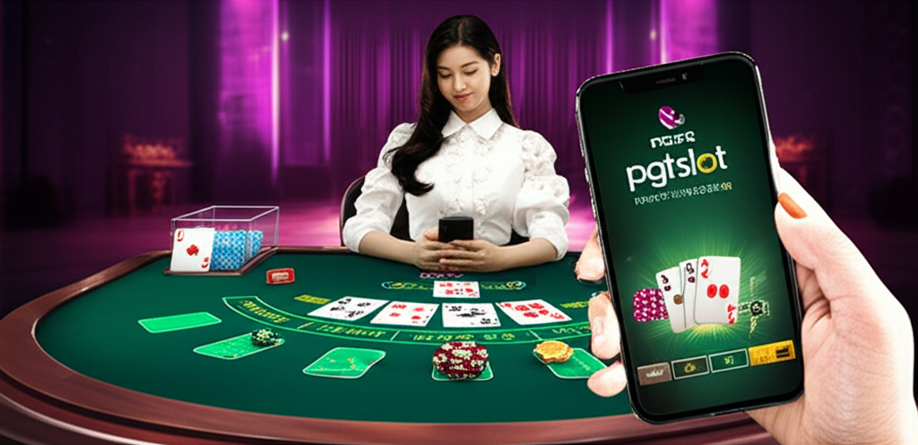 ภาพบรรยากาศการเล่นบาคาร่าออนไลน์บนแพลตฟอร์ม pgtslot แสดงโต๊ะบาคาร่าไพ่และชิป พร้อมผู้เล่นมือใหม่ที่ใช้สมาร์ทโฟนในบรรยากาศคาสิโนทันสมัย