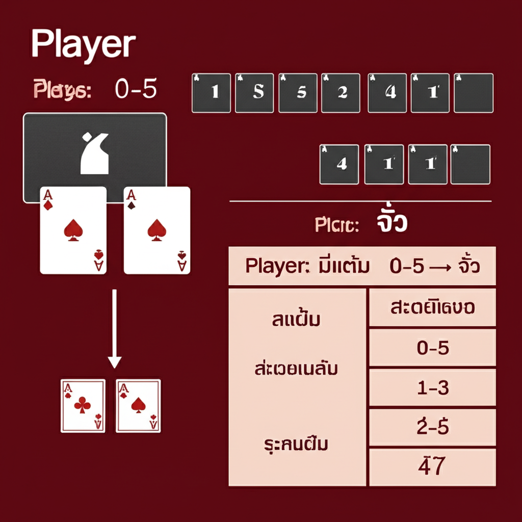 ภาพแสดงกติกาการจั่วไพ่ใบที่สามในบาคาร่า พร้อมตารางเงื่อนไขและตัวอย่างเข้าใจง่ายสำหรับผู้เล่นมือใหม่
