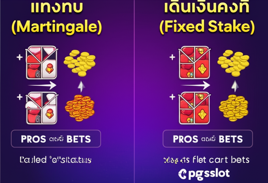 อินโฟกราฟิกเปรียบเทียบสูตรเดินเงินแทงทบและเดินเงินคงที่สำหรับเล่นสล็อตออนไลน์