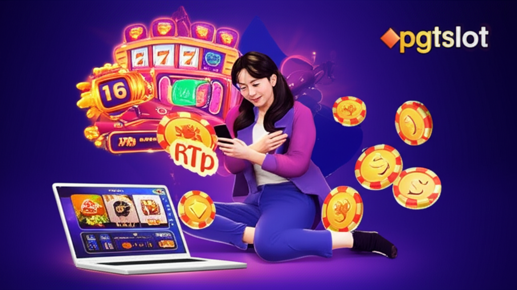 ผู้เล่นเกมสล็อตออนไลน์ชาวไทยกำลังสนุกกับเกมบนแพลตฟอร์ม pgtslot พร้อมแสดงสัญลักษณ์ RTP สูงและโปรโมชั่นสล็อตครบวงจร