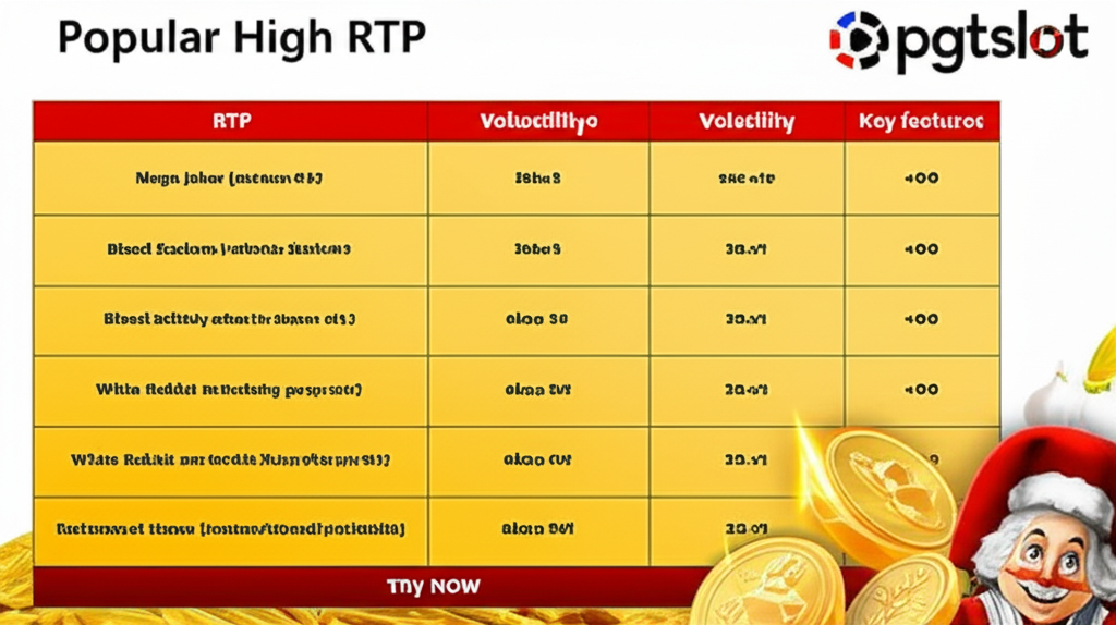 ตารางเปรียบเทียบเกมสล็อต RTP สูงยอดนิยม พร้อมข้อมูลความผันผวนและจุดเด่น