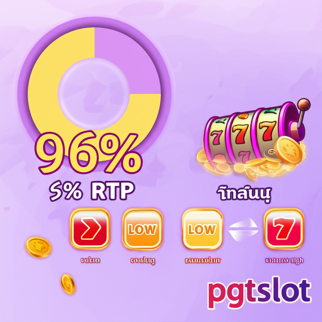 อินโฟกราฟิกอธิบายค่า RTP และความผันผวนของเกมสล็อต พร้อมสัญลักษณ์เหรียญและวงล้อสล็อต