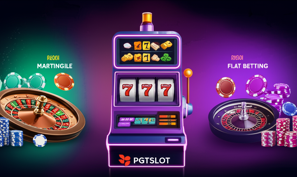 ภาพประกอบสูตรเดินเงิน Martingale, Paroli และ Flat Betting ในเกมสล็อตและคาสิโนออนไลน์ปี 2025 พร้อมโลโก้ pgtslot