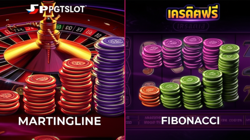 ภาพเปรียบเทียบสูตรเดินเงิน Martingale และ Fibonacci สำหรับสล็อตเครดิตฟรี พร้อมโลโก้ pgtslot