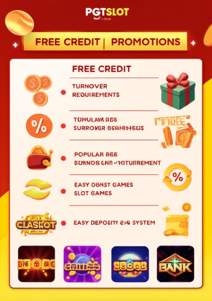 อินโฟกราฟิกแสดงข้อมูลเครดิตฟรีและโปรโมชั่นสล็อตยอดนิยมจาก pgtslot พร้อมไอคอนและคำอธิบายที่เข้าใจง่าย