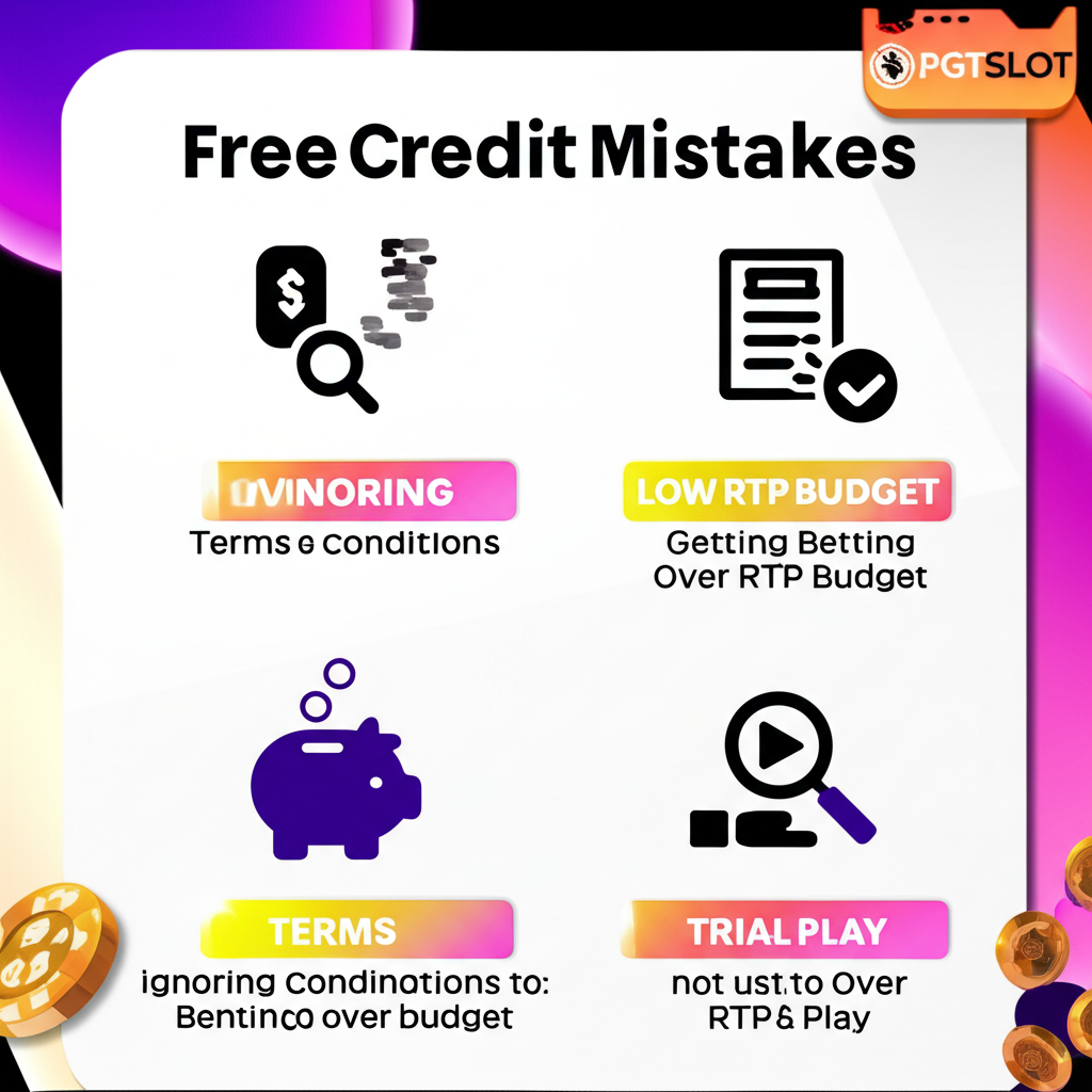 อินโฟกราฟิกแสดงข้อผิดพลาดที่มือใหม่มักเจอเมื่อใช้เครดิตฟรีเล่นสล็อต เช่น ไม่อ่านเงื่อนไข เดิมพันเกินงบ เลือกเกมผิด และไม่ใช้ระบบทดลองเล่น