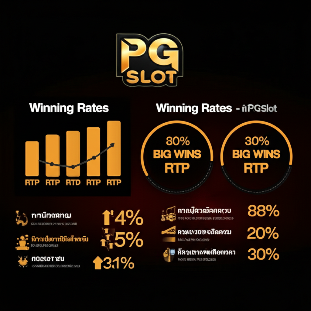 อินโฟกราฟิกแสดงสถิติการแตกง่ายของเกมสล็อต PG SLOT บนแพลตฟอร์ม pgtslot พร้อมรีวิวผู้เล่นจริง