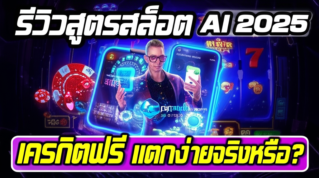 ภาพปกบทความ รีวิวสูตรสล็อต AI 2025 แสดงเครื่องสล็อต AI พร้อมผู้เล่นใช้มือถือและโลโก้ pgtslot เน้นความทันสมัยและความน่าเชื่อถือ