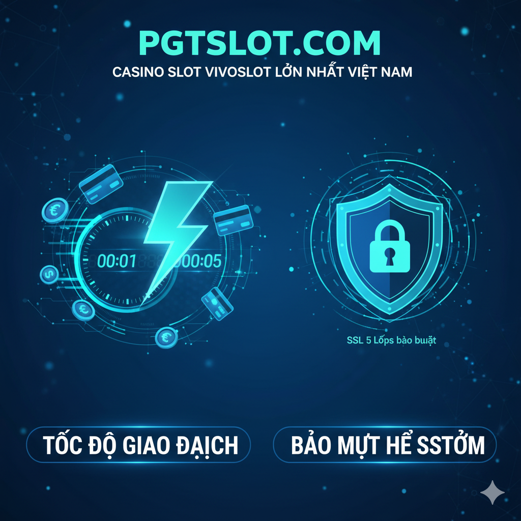 一个高速运行的数字时钟（显示1-5 phút）或一个闪电符号为中心，周围环绕着银行卡、越南盾（VNĐ）符号和一个盾牌或锁头图标（象征SSL 5 Lớp bảo mật）。