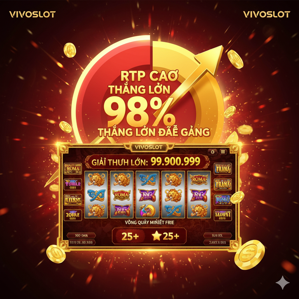 Vivoslot中“Roma”或“Lucky God”等热门老虎机游戏的界面截图（虚构的），突出高额的奖励数字和Free Spins的图标。背景是一个圆形图表或上升的箭头，象征RTP高和 thắng cược dễ dàng（容易赢）。