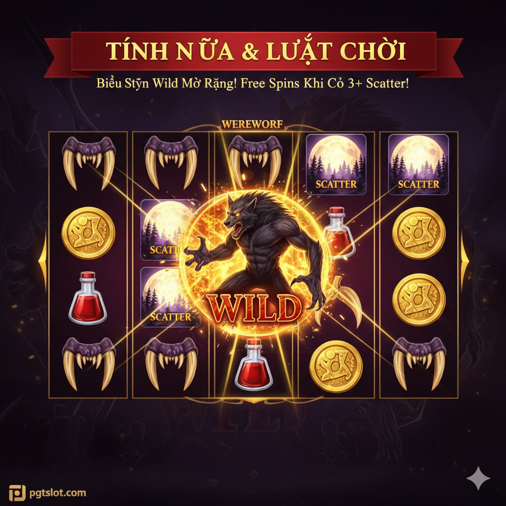 Hình ảnh minh họa các tính năng nổi bật của Werewolf Slot. Trọng tâm là một cuộn quay (reel) 5x3 đang hiển thị tổ hợp chiến thắng lớn. Trên cuộn quay, biểu tượng Wild (Ma Sói biến hình, có thể mở rộng-Expanding Wild) chiếm hết một cuộn. Biểu tượng Scatter (Trăng Tròn) xuất hiện ít nhất 3 lần để kích hoạt Free Spins. Sử dụng tông màu vàng kim và đỏ để làm nổi bật các biểu tượng thưởng và đường thắng (Payline), minh họa trực quan các 'luật chơi và tính năng thưởng quý giá'.