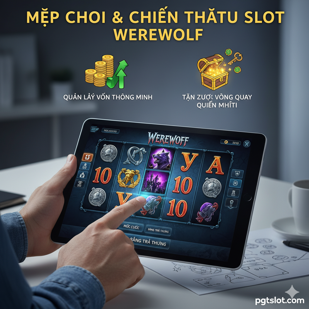 Hình ảnh mang tính hướng dẫn/chiến thuật. Thể hiện một giao diện slot game Werewolf với một người chơi đang điều chỉnh mức cược (Bet Level) hoặc xem bảng thanh toán (Paytable) trên màn hình máy tính bảng hoặc điện thoại. Phía trên có các biểu tượng nhỏ tượng trưng cho 'Quản lý vốn thông minh' (một biểu đồ hoặc đống tiền xu được sắp xếp gọn gàng) và 'Tận dụng Free Spins' (một chìa khóa mở khóa chiếc rương kho báu). Phong cách rõ ràng, dễ hiểu, dùng ánh sáng lạnh để tập trung vào hành động chiến thuật của người chơi.