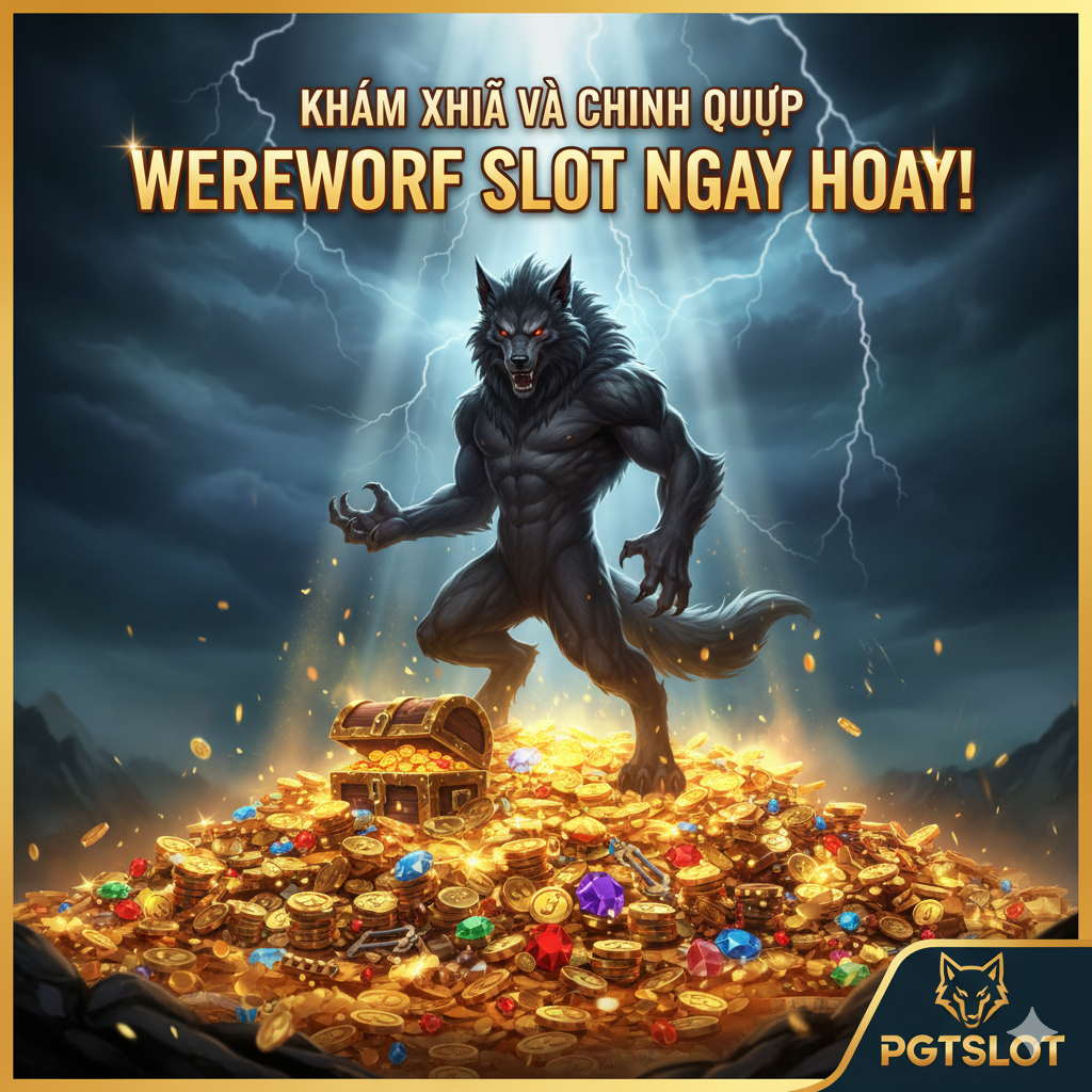 Ảnh tổng kết và kêu gọi hành động (CTA). Một hình ảnh động (dù là tĩnh) cho thấy kho báu khổng lồ (vàng, đá quý) chất đống dưới chân một Ma Sói đang đứng chiến thắng (hoặc một Thợ Săn). Phía trên có dòng chữ lớn nổi bật bằng tiếng Việt 'KHÁM PHÁ VÀ CHINH PHỤC WEREWOLF SLOT NGAY HÔM NAY!' với logo PGTSlot ở góc dưới. Sử dụng hiệu ứng ánh sáng mạnh, tập trung vào kho báu để khơi gợi sự 'tiềm năng thắng lớn' và thúc đẩy người xem hành động.