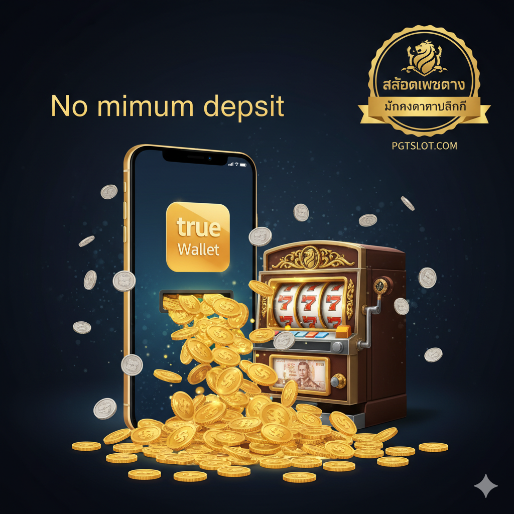 ภาพเน้นจุดเด่น 'ไม่มีขั้นต่ำ' และ 'เว็บตรง' เพื่อสร้างความมั่นใจแก่ผู้เล่น แสดงภาพเหรียญทองและธนบัตรจำนวนมากไหลออกมาจากไอคอน True Wallet เข้าสู่ช่องใส่เหรียญของเครื่องสล็อต (Slot Machine) พร้อมกับมีเหรียญเล็กๆ (1 บาท) ลอยอยู่ด้วย เพื่อเน้นย้ำว่าสามารถฝากได้ทุกจำนวนเงิน มีตราสัญลักษณ์ 'สล็อตเว็บตรง' หรือ 'Official Site' ที่ดูน่าเชื่อถือและมั่นคงทางการเงิน ใช้พื้นหลังสีเข้ม (Dark Blue/Black) เพื่อให้องค์ประกอบสีทองโดดเด่น สื่อถึงความโปร่งใสและอิสระทางการเงิน