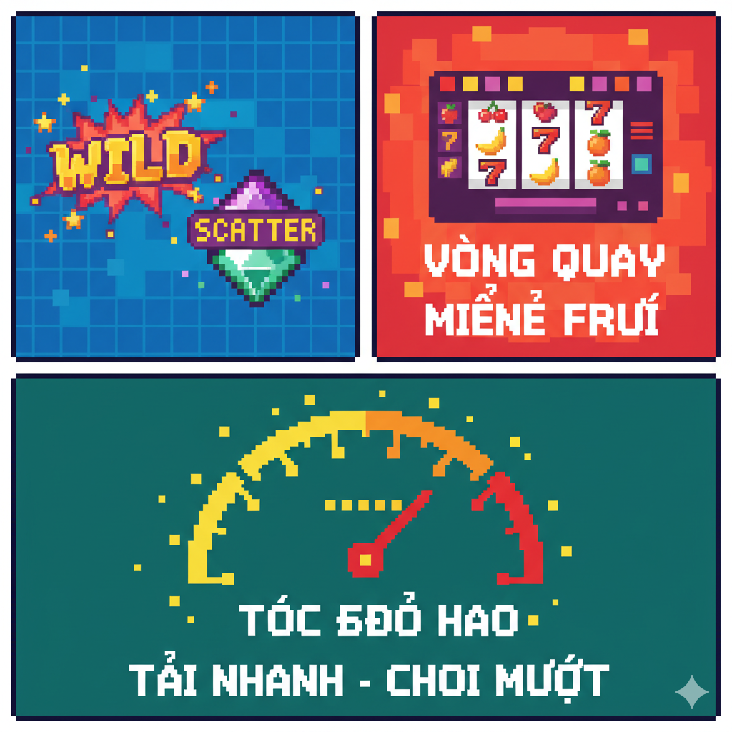Hình ảnh minh họa cho các tính năng cốt lõi của game 8-bit Slot PG. Hình ảnh chia làm ba ô vuông nhỏ theo phong cách truyện tranh 8-bit. Ô 1: Biểu tượng 'WILD' và 'SCATTER' được thiết kế pixel nổi bật. Ô 2: Hiển thị một giao diện quay hũ đơn giản với chữ 'FREE SPINS' lớn đang nhấp nháy. Ô 3: Một thanh tốc độ (Speedometer) hoạt hình pixel với kim chỉ ở mức 'MAX SPEED' hoặc 'TỐC ĐỘ CAO', nhấn mạnh ưu điểm tải nhanh và chơi mượt. Màu sắc tươi sáng, đối lập, đậm chất game console cổ điển.