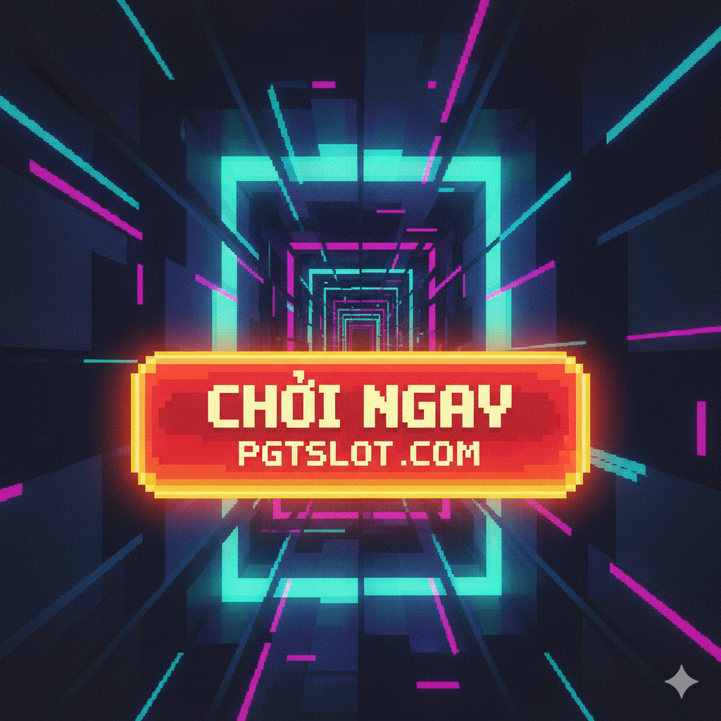 Hình ảnh tổng kết và kêu gọi hành động (Call to Action). Một cánh cổng ánh sáng hoặc một đường hầm thời gian được tạo nên từ các khối pixel 8-bit, tượng trưng cho việc 'trở về tuổi thơ' và 'cơ hội chiến thắng'. Trung tâm là một nút lớn, nổi bật dưới dạng pixel art, có chữ 'CHƠI NGAY' hoặc 'ĐĂNG KÝ' và địa chỉ 'PGTSLOT.COM'. Sử dụng màu sắc tương phản mạnh giữa cánh cổng (màu lạnh/tối) và nút CTA (màu nóng/sáng) để thu hút sự chú ý. Gợi ý tốc độ và sự đơn giản của game 8-bit.