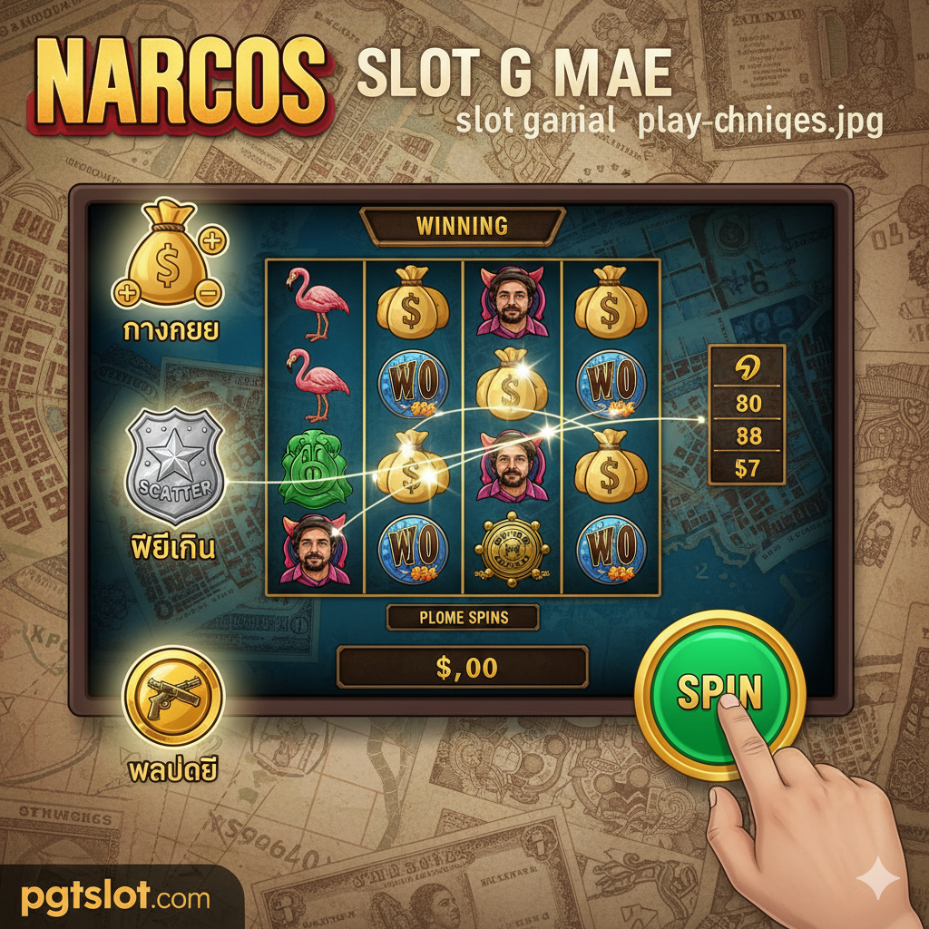 ภาพประกอบส่วนเทคนิคการเล่น เน้นการแสดงภาพมือที่กำลังกดปุ่ม 'Spin' บนหน้าจอเกม Narcos Slot ที่กำลังแสดงชุดสัญลักษณ์ชนะ (Winning Combination) มีไอคอนเล็กๆ 3 ไอคอนลอยอยู่ด้านข้าง แทน 3 เทคนิคหลัก ได้แก่ สัญลักษณ์ถุงเงิน (การจัดการเดิมพัน), สัญลักษณ์ Scatter (การล่า Free Spins) และสัญลักษณ์ Wild (Walking Wilds) โทนสีสว่างกว่าภาพปกเล็กน้อย เน้นความชัดเจนและกระตุ้นให้เกิดการเรียนรู้ โดยใช้พื้นหลังลายแผนที่เมืองเก่าๆ หรือลายธนบัตร