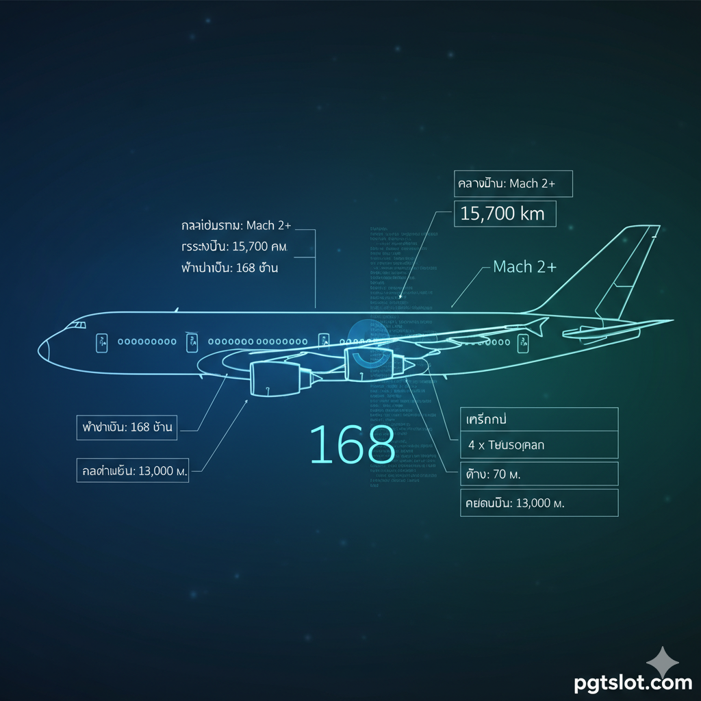 一张展示航空工程和飞机规格的功能图。图片风格应为高科技蓝色/绿色光线下的工程图纸或全息投影界面。主体元素是一架波音747或空客A380的侧视图轮廓,旁边配有简洁的数据信息框和箭头指向飞机的关键部件(如发动机、翼尖小翼)。在图的中心位置用醒目的科技字体突出“Mach 2+”和“15,700 km”等关键技术参数,并用一个小的数字“168”作为设计元素融合在数据流中。画面要有专业感和数据感,体现文章中关于飞机规格的深度探讨。