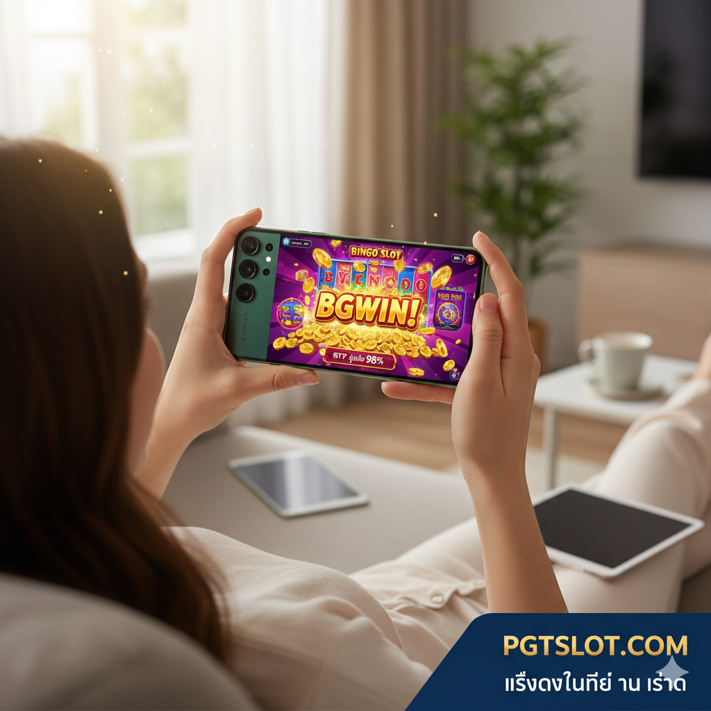 展示'Mobile-First'和'高RTP'优势的图片。一个用户正用智能手机（可以是任何常见品牌的外观）以横屏模式玩Bingo Slot游戏。手机屏幕上显示一个庆祝'BIG WIN'หรือ'JACKPOT'的动画，大量金币正在倾泻。周围环境可以是舒适的沙发或咖啡馆，突出随时随地都能玩。图片应使用鲜艳的色彩和高光泽度，传达出便利性和高收益性，强调pgtslot.com的流畅移动体验。