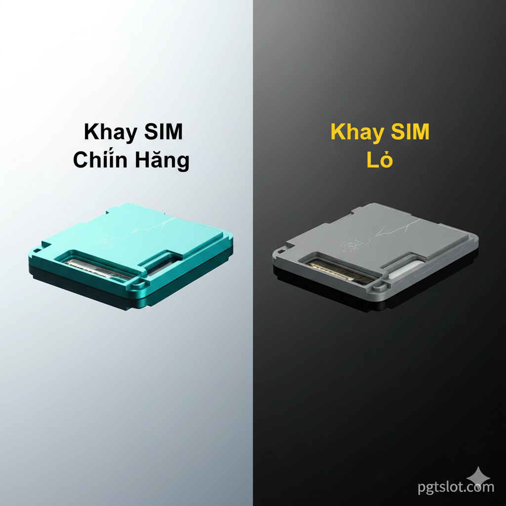 Ảnh so sánh giữa 'Khay SIM Chính Hãng' (bên trái, chất liệu nhựa cao cấp, độ khít hoàn hảo) và 'Khay SIM Lô' (bên phải, chất liệu kém, bị cong hoặc có các vết nứt nhỏ). Hình ảnh nên có logo hoặc watermark nhỏ của 'pgtslot.com' ở góc để thể hiện tính chuyên môn và nguồn cung cấp đáng tin cậy. Màu sắc tương phản để nhấn mạnh sự khác biệt về chất lượng. Bên chính hãng nên có ánh sáng rực rỡ, chi tiết sắc nét, trong khi bên hàng lô mờ nhạt và kém hoàn thiện hơn, nhấn mạnh vào lợi ích khi mua hàng tại pgtslot.com.