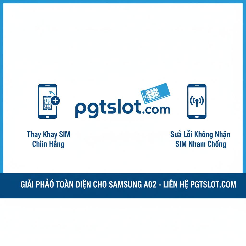 Một hình ảnh mang tính kết luận và lời kêu gọi hành động. Hình ảnh có thể là logo pgtslot.com nổi bật cùng với biểu tượng của dịch vụ 'Thay khay SIM' và 'Sửa lỗi không nhận SIM' (ví dụ: một chiếc điện thoại hiển thị sóng di động ổn định). Phong cách thương hiệu, màu sắc chủ đạo của pgtslot.com (nếu có) hoặc màu xanh/trắng tạo cảm giác tin cậy. Cần có dòng chữ ngắn gọn, rõ ràng như 'Liên Hệ pgtslot.com Để Mua Khay SIM Chính Hãng' hoặc 'Giải Pháp Toàn Diện Cho Samsung A02' tạo cảm giác chuyên nghiệp và thúc đẩy người dùng hành động.