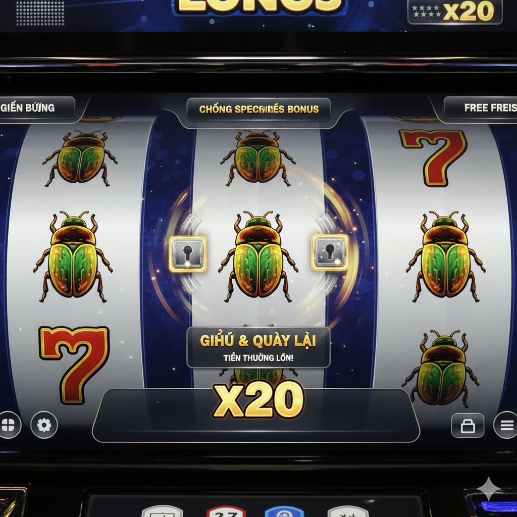 Tập trung vào tính năng của trò chơi xèng, thể hiện cơ chế thưởng 'Hold & Respin' hoặc 'Free Spins' trên màn hình. Hình ảnh tinh tế mô tả hiệu ứng phát sáng của biểu tượng bọ hung bị khóa trên trục quay, và hệ số nhân cao. Giao diện người dùng hiện đại và rõ ràng, phản ánh công nghệ đồ họa 3D và lối chơi sáng tạo của IGT.
