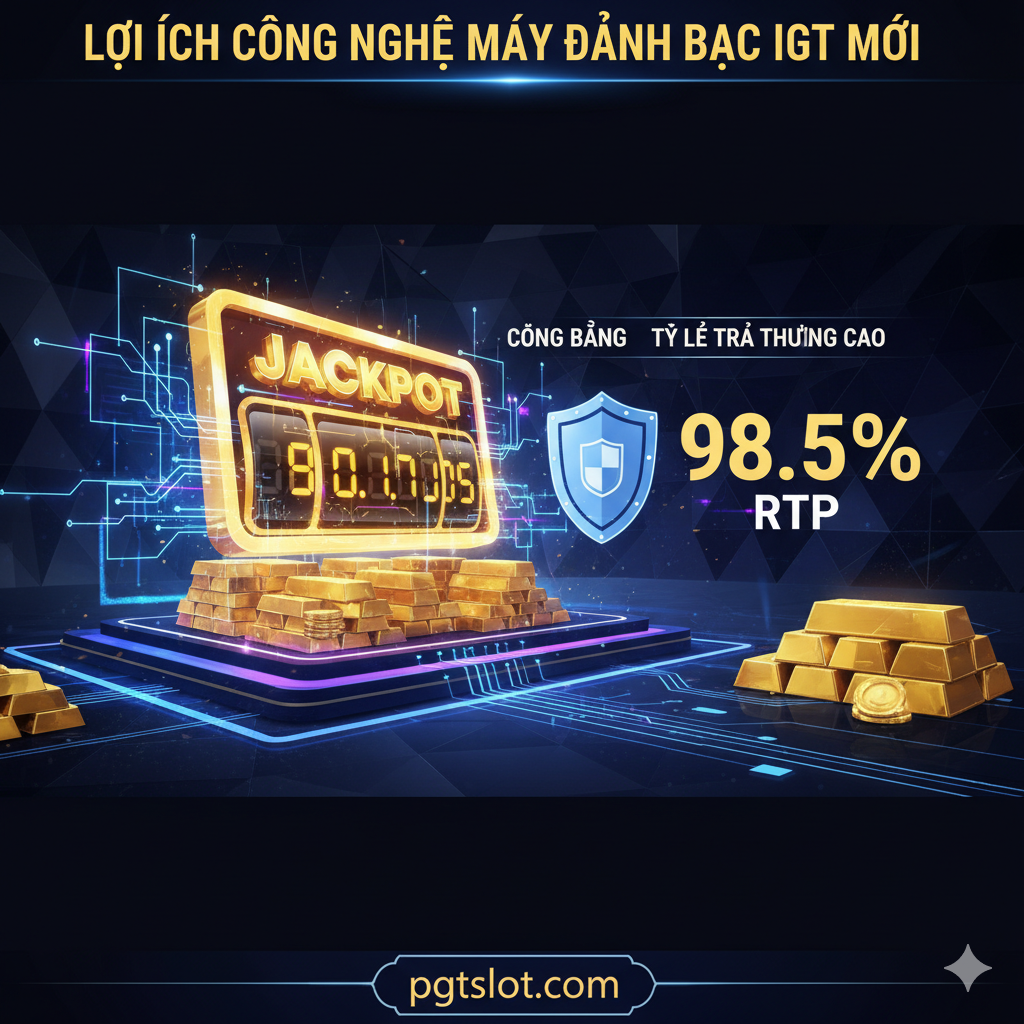 Concept hóa插图,旨在突显IGT新老虎机的优势。画面中包含巨大的金色“Jackpot”累积奖池数字正在快速跳动,旁边是代表公平性的安全盾牌图标和高RTP的百分比符号。构图稳重而大气,结合了金条和现代科技线条,传达出IGT作为行业巨头的可靠性、高回报潜力和顶尖技术实力。