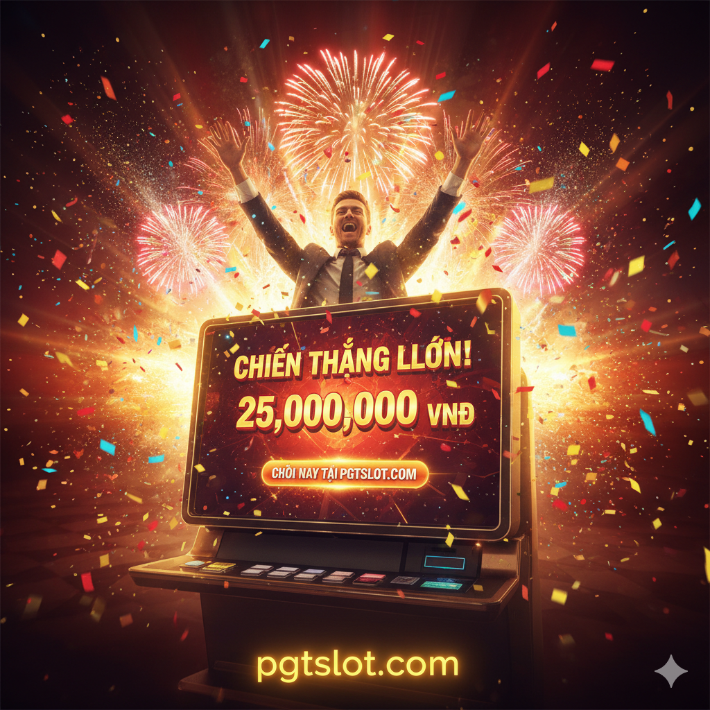 Kết luận và kêu gọi hành động, miêu tả khoảnh khắc người chơi giành chiến thắng lớn. Toàn bộ hình ảnh đầy màu sắc rực rỡ, pháo giấy và hiệu ứng hạt vàng nổ tung. Màn hình hiển thị số tiền thắng khổng lồ ở trung tâm, với nút 'Bắt đầu Ngay' phát sáng ở dưới cùng. Tông màu ấm và rực rỡ (đỏ và vàng), nhằm kích thích sự hứng thú và thúc đẩy người đọc nhấp vào liên kết để chơi thử tại pgtslot.com.