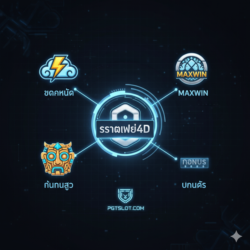 This image illustrates the unique 'Pay4D Gacor' system feature. It features a futuristic, high-tech HUD (Heads-Up Display) interface. In the center, a glowing 'Pay4D System' icon connects via light beams to popular slot game symbols (like a Zeus icon for Olympus, an Aztec mask). Floating icons representing 'MAXWIN,' 'High RTP,' and 'Bonus' surround the central graphic. The color scheme is digital blue, silver, and gold on a dark, tech-patterned background, emphasizing the system's advanced nature.