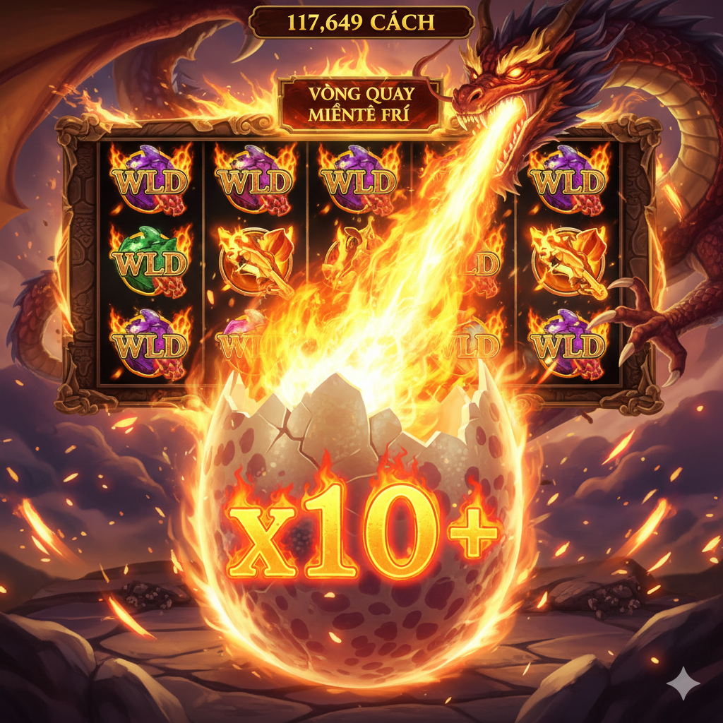 此图用于展示游戏的核心功能和视觉效果,如“Hơi Thở Lửa (Fire Blast)”或“Hệ số Nhân Trứng Rồng (Dragon's Egg Multiplier)”。画面应聚焦于一个特写镜头:一个巨型龙蛋或卷轴下方,上面显示着一个不断叠加的巨大乘数(例如 'x10+'),周围环绕着炽热的龙火。色彩鲜明,强调数字“117,649 Ways”或“Free Spins”的标志,展示游戏界面的高潮瞬间,即巨龙正在赐予玩家额外的Wilds或Scatter,展现核心玩法和高额奖励的潜力。