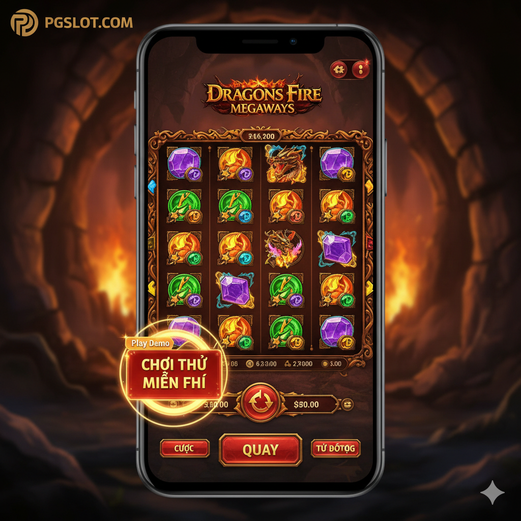 此图旨在指导用户操作,应展示游戏的干净、简洁的移动端界面。构图为手机屏幕(Mobile First),屏幕内是Dragons Fire Megaways的卷轴界面,卷轴下方突出显示关键的按钮:'SPIN'(旋转)、'BET'(设置赌注)以及'AUTOPLAY'(自动播放)。背景可以模糊化处理为游戏的主题背景。重点标记或突出“Play Demo”或“Chơi Thử Miễn Phí”的字样,方便用户理解如何开始免费游戏。