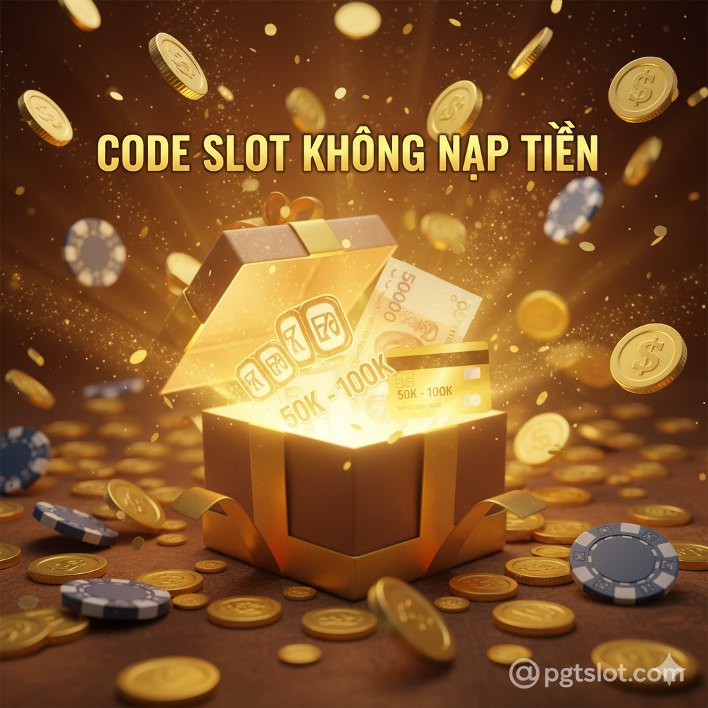 Ảnh làm nổi bật lợi thế độc quyền: 'Slot Tặng Tiền Chơi Thử' (No Deposit Bonus) và 'Free Spins'. Bức ảnh có màu sắc ấm áp, tạo cảm giác của một kho báu được mở ra. Chính giữa là một hộp quà mở ra với ánh sáng vàng rực, bên trong là các biểu tượng 'Vòng Quay Miễn Phí' (Free Spins) và một thẻ tín dụng hoặc tiền mặt có giá trị nhỏ (ví dụ: 50K-100K). Phía trên hộp quà, dòng chữ 'CODE SLOT KHÔNG NẠP TIỀN' được in đậm. Hình ảnh nên gợi lên cảm giác 'nhận quà' và 'cơ hội có thật', nhấn mạnh sự hào phóng của pgtslot.com.