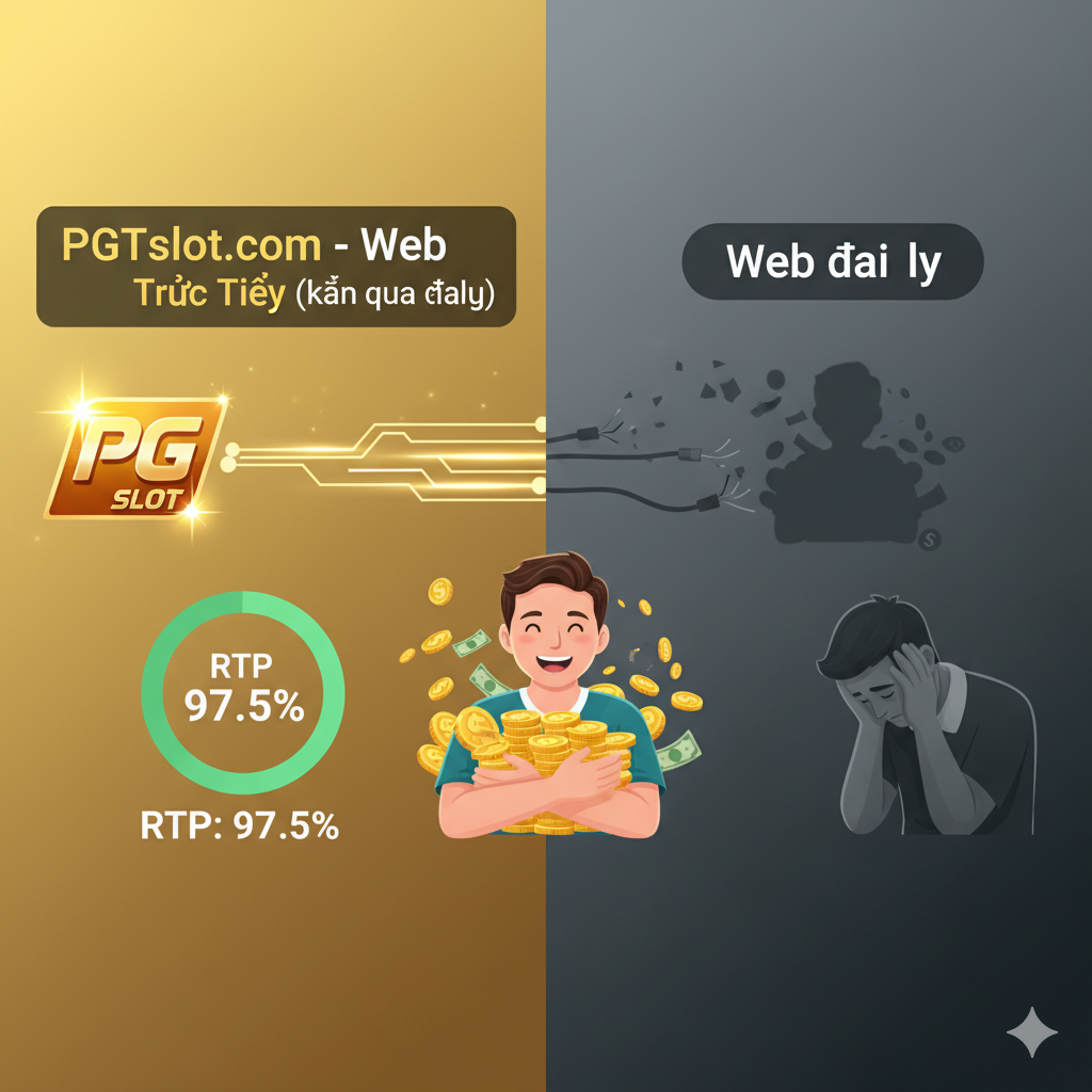 Một hình ảnh so sánh trực quan làm nổi bật lợi ích của 'slotเว็บตรง' so với đại lý. Bên trái (chiếm 70%): Ghi 'PGTslot.com - Web Trực Tiếp (เว็บตรงไม่ผ่านเอเย่นต์)', hình ảnh một đường truyền dữ liệu an toàn, trực tiếp từ nhà cung cấp (logo PG Slot) đến người chơi đang vui vẻ, với biểu đồ RTP cao (ví dụ 97.5%). Màu sắc tươi sáng, vàng gold. Bên phải (30%): Ghi 'Web Đại Lý', hình ảnh một đường truyền bị đứt gãy, có một 'đại lý' mờ ám ở giữa đang chặn tiền, người chơi trông thất vọng. Màu sắc tối, xám.