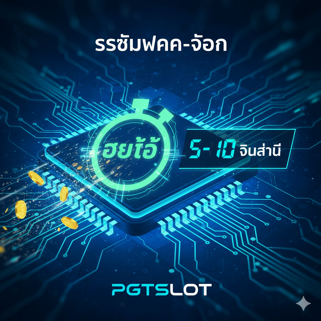 功能特性图，重点突出“速度”（5-10 วินาที）和“Auto”系统。图片应以一张高科技感的蓝色或青色电路板/芯片作为背景，代表系统稳定性。核心元素是一个闪烁着绿色光芒的“Auto”图标，旁边配有计时器或秒表，显示“5-10 Sec”。可以有流动的金币或数据流，象征快速存取款。整体风格简洁、科技感强，体现PGTSLOT在“ระบบฝาก-ถอน”上的优势。