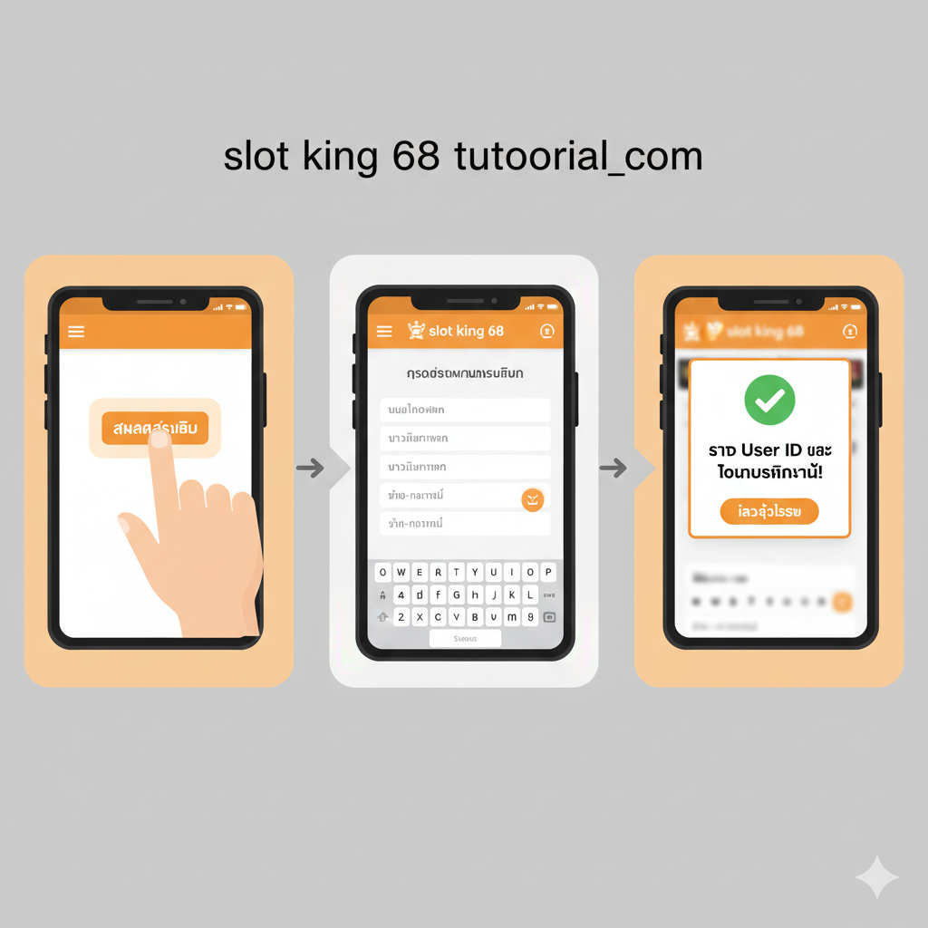 教程图，用于配合“III. คู่มือฉบับย่อ”部分。图片应采用分步式的图示风格，清晰展示3个步骤。第一步：一只手点击一个虚拟的“สมัครสมาชิก”按钮。第二步：一个手机屏幕界面，显示正在输入信息（如电话号码、银行信息）。第三步：弹出一个成功的通知窗口，显示“รับ User ID และโบนัสทันที!”。色彩应温暖、友好，如橙色和白色，让用户感觉操作简单便捷。