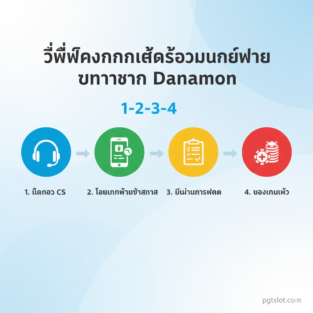 一张教程指导图，展示“Cara Deposit Slot Online Menggunakan Bank Danamon”的流程。图片采用分步指南的形式（1-2-3-4步骤），用简洁的图标表示：1. 联系CS（戴耳机图标），2. 银行转账（手机银行App界面），3. 确认存款（网站表单图标），4. 资金到账（加号和筹码图标）。主色调清晰明亮，易于理解，步骤之间用指示线连接，确保用户一眼就能看懂存款步骤的逻辑和关键点。