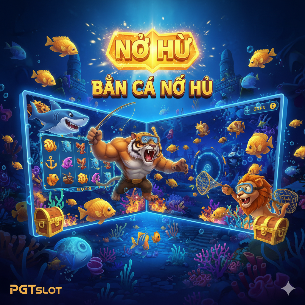 Hình ảnh minh họa các tính năng nổi bật của Animal Fishing Slot. Chia làm 2 phần: bên trái là giao diện Bắn Cá (một con Boss Rồng hoặc Tiên Cá lớn dưới đại dương, đang bị bắn bởi nhiều loại vũ khí); bên phải là giao diện Slot (màn hình Slot 5x3 với các biểu tượng động vật Wild/Scatter như Hổ, Gấu, cá Vàng, đang hiển thị chuỗi thắng lớn - Big Win). Màu sắc tương phản rõ rệt giữa hai bên, làm nổi bật sự kết hợp gameplay. Đặt tiêu điểm vào các biểu tượng Wild và Scatter cùng vòng quay miễn phí (Free Spin).