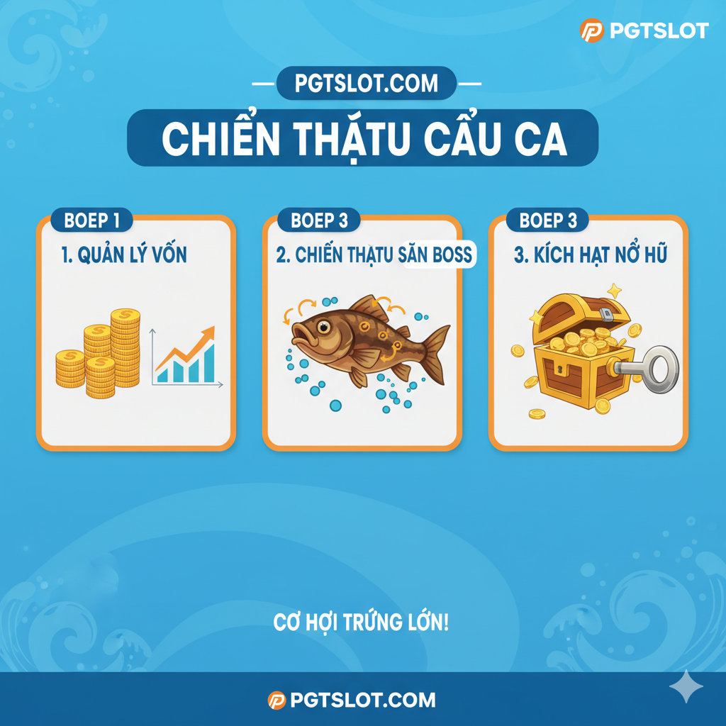 Ảnh hướng dẫn và chiến lược chơi. Hình ảnh nên có biểu đồ hoặc sơ đồ đơn giản (infographic style) minh họa 3 bước chiến thắng: 1. Quản lý vốn (biểu tượng tiền xu xếp gọn gàng); 2. Chiến thuật săn Boss (một con cá lớn có mũi tên chỉ vào điểm yếu); 3. Kích hoạt Nổ Hũ (biểu tượng Jackpot lớn đang được mở khóa). Phong cách thiết kế sạch sẽ, chuyên nghiệp, sử dụng màu xanh và cam của PGTslot. Có các chú thích (chữ Việt) như 'Chiến Thuật Săn Boss' và 'Quản Lý Vốn'.