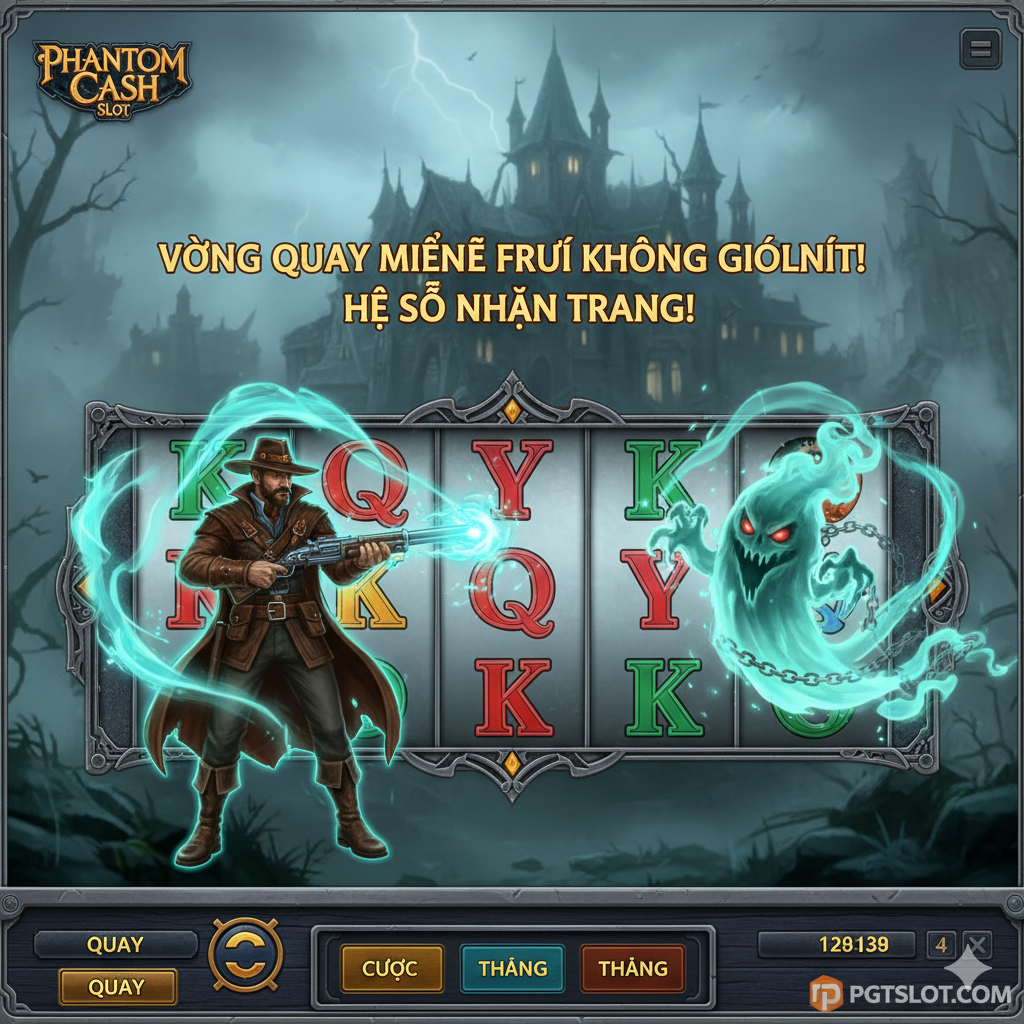 Minh họa chi tiết tính năng 'Phantom Cash Bonus' (Săn Ma). Bố cục tập trung vào một vòng quay slot đang kích hoạt tính năng: biểu tượng Thợ Săn Ma (Hunter) xuất hiện ở Cuộn 1 và Biểu tượng Ma Quỷ (Ghost) xuất hiện ở Cuộn 5. Hiệu ứng ánh sáng xanh ma mị bao quanh các biểu tượng này, với dòng chữ 'UNLIMITED FREE SPINS - MULTIPLIER UP!' (Vòng quay miễn phí KHÔNG GIỚI HẠN - Hệ số nhân TĂNG!) nổi bật ở trung tâm màn hình. Nền phía sau là hình ảnh một lâu đài bỏ hoang với sương mù dày đặc.