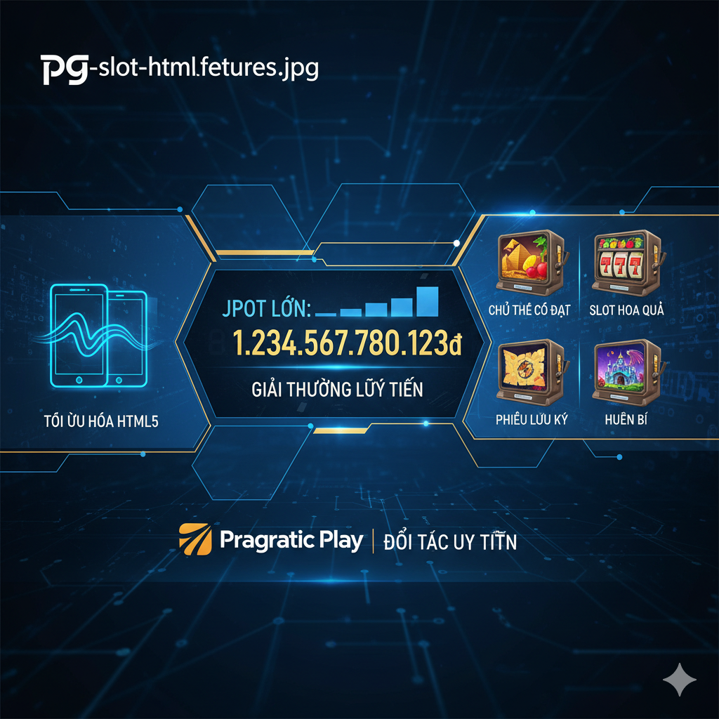 展示PGTSLOT Slot Game核心技术和产品多样性的功能图。画面应分割成几个小块,展示HTML5优化(用手机/平板图标表示流畅性)、多样化的老虎机主题(如古代文明、水果机、冒险主题的Mini Slot图标),以及一个巨大的渐进式JPOT(Jackpot)数字。风格应是现代、科技感,使用蓝色和金色突出高端和可靠。强调与Pragmatic Play等“Ông Lớn”的合作Logo,增强信誉。