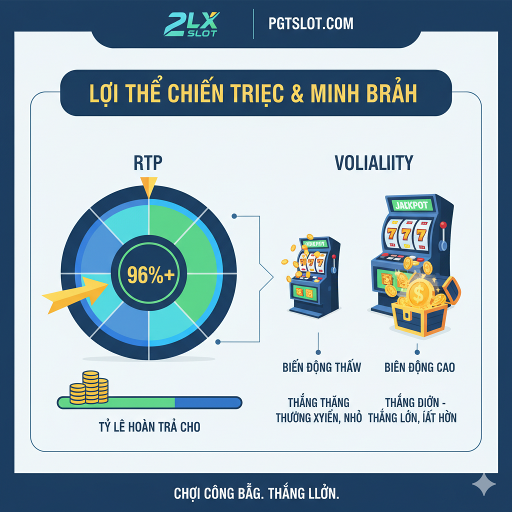 展示游戏策略和透明度优势的专业图。画面应包含两个核心概念的图示化解释:RTP(用一个百分比转盘和箭头指向96%以上表示高回报)和Volatility(用两个不同的老虎机图标,一个有频繁的小额金币,另一个有巨大的Jackpot表示高低波动性)。整体风格应专业、可信赖,使用图表和数据元素增强说服力,强调PGTSLOT的公开透明和公平性。