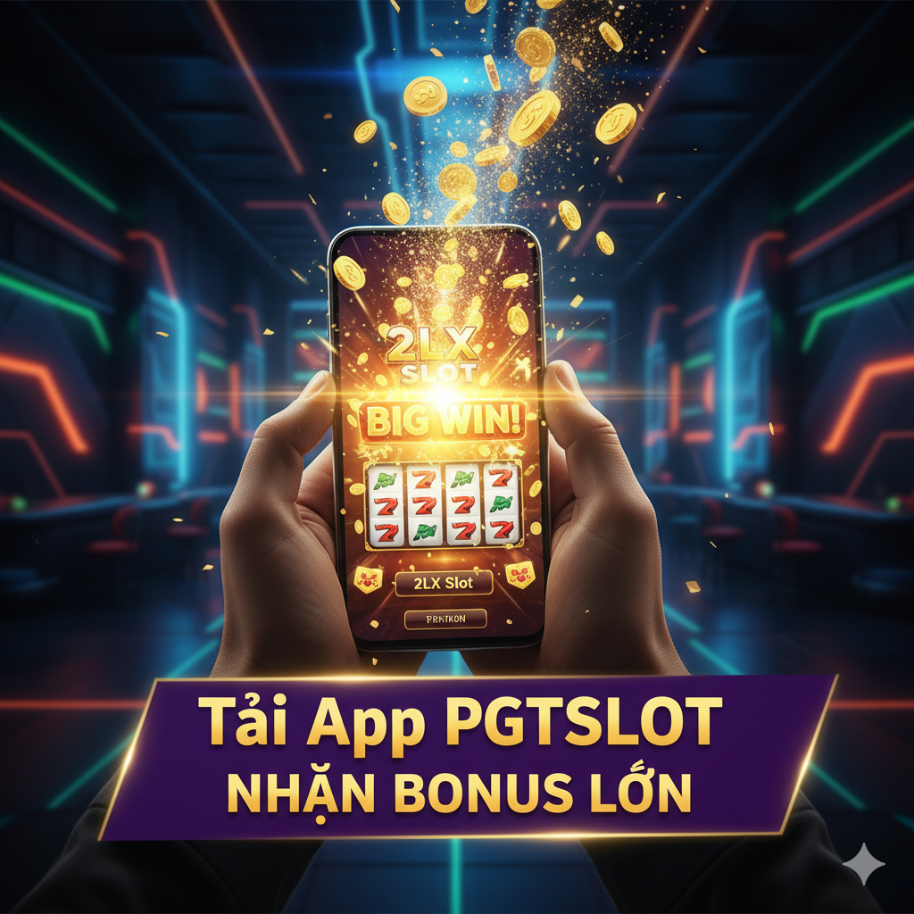 一张总结和强力CTA的图片。主要元素是用户在手机上玩2LX Slot的场景,手机屏幕上显示胜利界面和金币飞溅的效果。在画面下方或旁边,用越南语突出最终的行动呼吁:“Tải App PGTSLOT”和“NHẬN BONUS LỚN”。色彩应充满活力和兴奋感,结合PGTSLOT的品牌色,旨在驱动用户立即下载和注册,完成文章的最终目标。