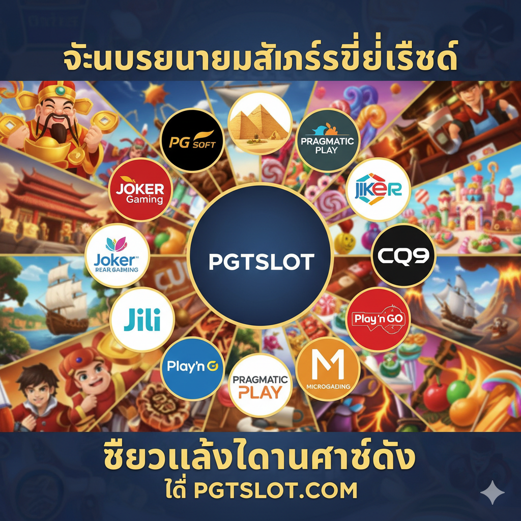 ภาพควรแสดงโลโก้ของผู้ให้บริการเกมสล็อตชั้นนำหลายราย (เช่น PG Soft, Joker Gaming, Pragmatic Play) จัดเรียงรอบโลโก้ PGTSLOT เพื่อสื่อถึงความหลากหลายของเกมสล็อตที่ศูนย์รวม