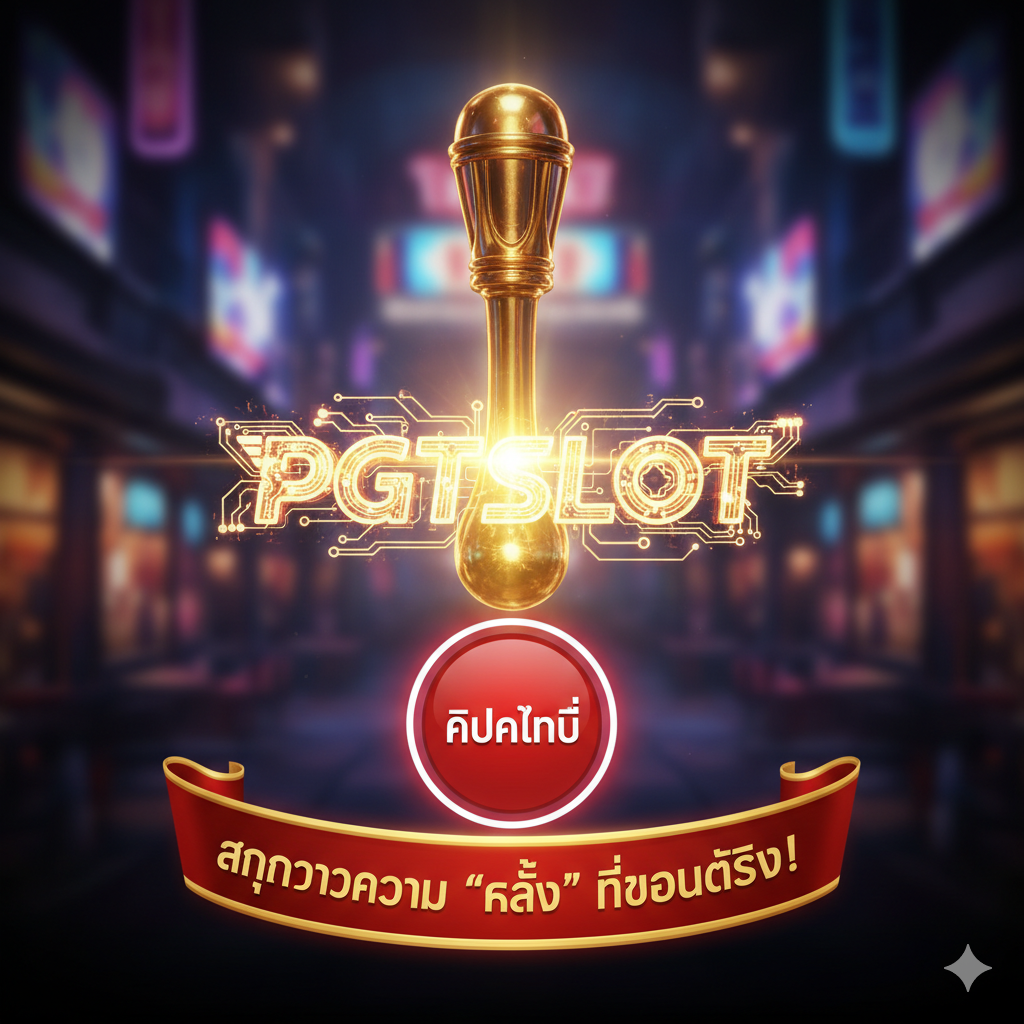 ภาพสรุปและปุ่ม Call to Action: มือจับคันโยกสล็อตขนาดใหญ่ตรงกลาง มีโลโก้ PGTSLOT สว่างไสว และปุ่ม “คลิกที่นี่” พร้อมคำขวัญ “สนุกกับความ 'คลั่ง' ที่ถอนได้จริง!”