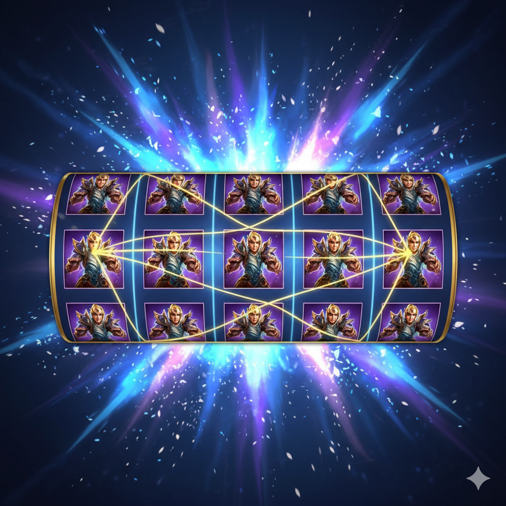 ภาพแสดงกลไกเด่นของเกม 'Expanding Symbol' ในโหมด Free Spins โดยจัดวางวงล้อสล็อต 5x3 ให้เห็นชัดเจน ภายในวงล้อควรมีสัญลักษณ์หนึ่งตัว (เช่น สัญลักษณ์ตัวละครหรือสัญลักษณ์ A/K) ขยายเต็มวงล้อ 3 วงที่ไม่ได้อยู่ติดกัน พร้อมแสดงเส้นเพย์ไลน์ (Payline) สีทองเรืองแสงที่เชื่อมโยงสัญลักษณ์เหล่านั้น แม้จะอยู่คนละตำแหน่ง เพื่อเน้นย้ำคุณสมบัติ 'ชนะแบบไม่ต้องติดกัน' ฉากหลังเป็นเอฟเฟกต์ระเบิดของพลังงานสีฟ้าและม่วงที่พุ่งออกมาจากสัญลักษณ์ที่ขยาย เพื่อสื่อถึงการ 'แตกหนัก' และโบนัสก้อนใหญ่ องค์ประกอบควรดูไดนามิกและน่าตื่นเต้น