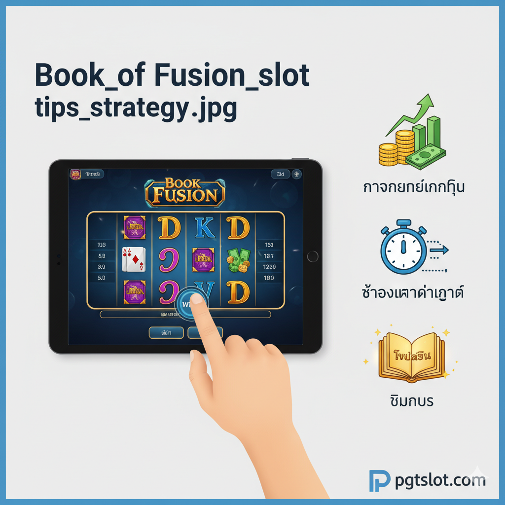 ภาพประกอบสูตรและเทคนิคการเล่น โดยใช้ภาพมือที่กำลังกดปุ่ม 'Spin' บนหน้าจอโทรศัพท์มือถือหรือแท็บเล็ตที่แสดงหน้าจอเกม Book of Fusion Slot อย่างชัดเจน ด้านข้างของภาพควรมีสัญลักษณ์กราฟิก 3 อย่างที่สื่อถึงกลยุทธ์: 1) กองเหรียญหรือเงินที่กำลังเพิ่มขึ้น (สื่อถึงการบริหารเงินทุน) 2) นาฬิกาหรือไทม์ไลน์ (สื่อถึงช่วงเวลาทำกำไร) และ 3) สัญลักษณ์ 'Book' ที่มีคำว่า 'FREE' หรือ 'Bonus' ติดอยู่ (สื่อถึงเครดิตฟรี) โทนสีสว่างแต่ดูเป็นมืออาชีพ เน้นการนำเสนอข้อมูลอย่างเป็นระบบเพื่อให้ผู้เล่นรู้สึกว่ามี 'สูตร' ที่ใช้ได้จริง