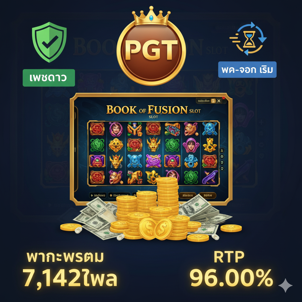 ภาพที่เน้นความน่าเชื่อถือและข้อได้เปรียบของการเล่นผ่าน pgtslot.com โดยใช้โลโก้ PGT ที่โดดเด่นและเป็นที่จดจำ จัดวางควบคู่กับฉากหลังที่เป็นหน้าจออินเทอร์เฟซเกม Book of Fusion Slot มีองค์ประกอบที่สื่อถึง 'เว็บตรง' และ 'ความมั่นคง' เช่น ตราสัญลักษณ์ความปลอดภัย (Security Checkmark), สัญลักษณ์การทำธุรกรรมที่รวดเร็ว (Fast Payment Icon), และกองเงินสดหรือเหรียญทองจำนวนมากที่อยู่ด้านล่าง พร้อมข้อความสั้นๆ ในภาพ เช่น 'Max Win 7,142x' และ 'RTP 96.00%' ที่เรืองแสงด้วยสีทองอย่างเย้ายวน สื่อถึงโปรโมชั่นและโอกาสทำกำไรที่เหนือกว่าจาก PGT โดยเฉพาะ