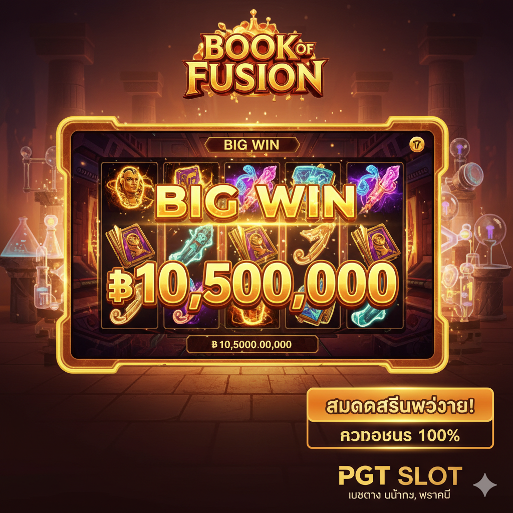 ภาพสรุปและกระตุ้นการตัดสินใจ (Call to Action) ที่ทรงพลัง โดยมีภาพรวมของหน้าจอเกม Book of Fusion Slot ที่แสดงผลชนะรางวัลใหญ่ (Big Win) เป็นจุดโฟกัสหลัก โดยมีจำนวนเงินรางวัลมหาศาลปรากฏอยู่บนหน้าจอ มุมหนึ่งของภาพควรมีปุ่มขนาดใหญ่ที่ดูน่าคลิก เช่น 'สมัครสมาชิกวันนี้!' หรือ 'รับโบนัส 100%' พร้อมโลโก้ PGT ที่ด้านล่าง ภาพควรใช้สีที่สดใสและมีพลัง เช่น สีส้มและสีทอง เพื่อกระตุ้นความรู้สึกเร่งด่วนและโอกาสในการทำกำไร เน้นที่การผสานระหว่างความตื่นเต้นของเกมและความน่าเชื่อถือของเว็บไซต์