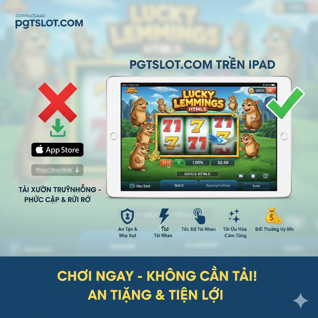 一张突出PGT Slot在iPad上优势的对比图。图片左侧可以是一个打叉的“App Store/Link Tải”图标,暗示传统下载的复杂和风险。右侧则是一个带有✅标记的iPad,屏幕上是流畅运行的HTML5老虎机游戏。使用四个图标突出关键优势,例如:1. 🔒 An toàn & Bảo mật (Safety & Security) 2. ⚡ Tốc độ tải nhanh (Fast Loading Speed) 3. ✨ Tối ưu hóa Cảm ứng (Touch Optimization) 4. 💸 Đổi thưởng Uy tín (Reliable Rewards)。整体风格专业、信任感强,强调“No Download”的便利性和安全性。